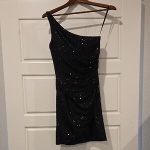 La Femme Black Sequin One-Shoulder Dress